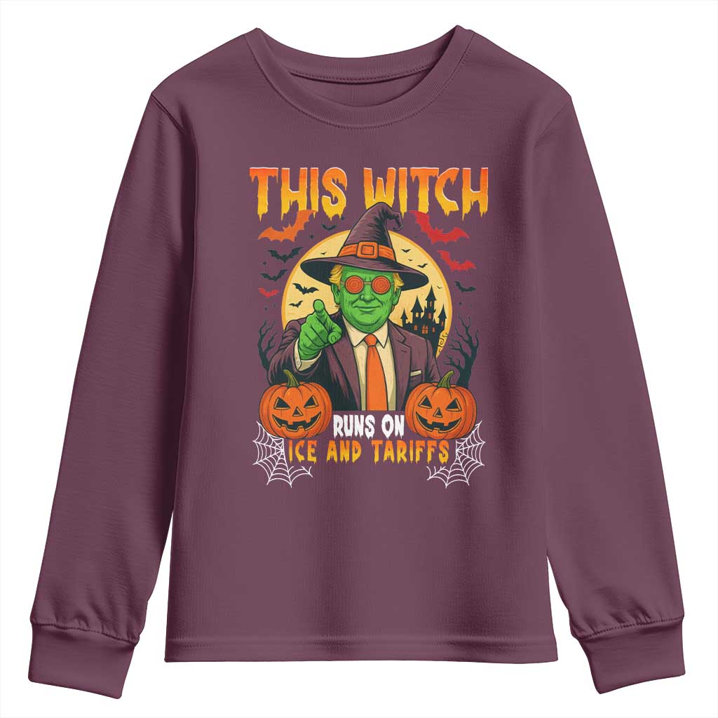 Funny Sarcastic Trump Witch Youth Sweatshirt This Witch Runs On Ice and Tariffs Political Satire TS02 Maroon Print Your Wear