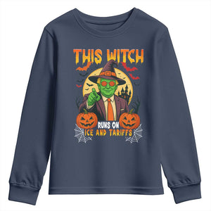 Funny Sarcastic Trump Witch Youth Sweatshirt This Witch Runs On Ice and Tariffs Political Satire TS02 Navy Print Your Wear
