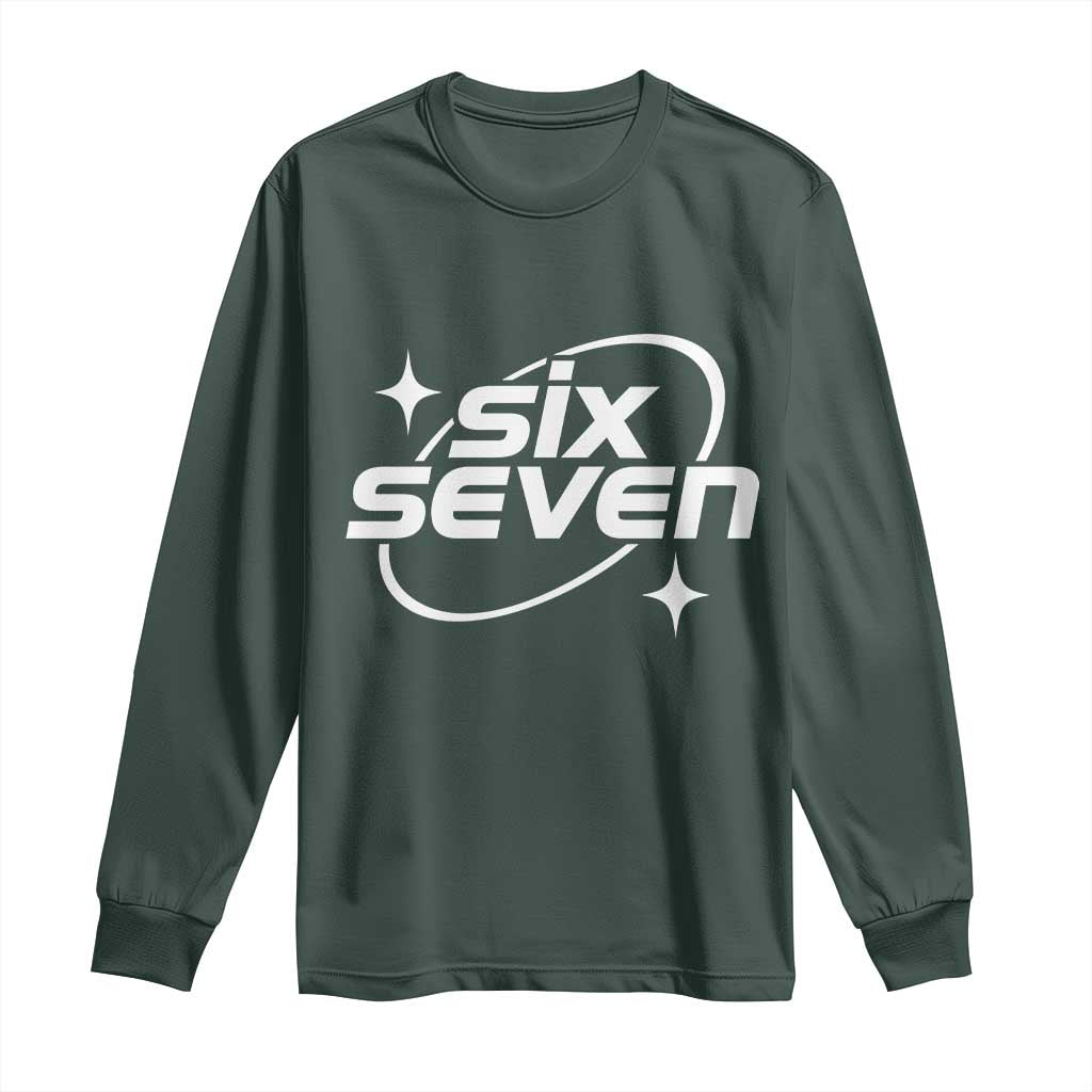 Funny Six Seven Long Sleeve Shirt Cool 67 Meme Y2K Gen Alpha Slang TS02 Dark Forest Green Print Your Wear