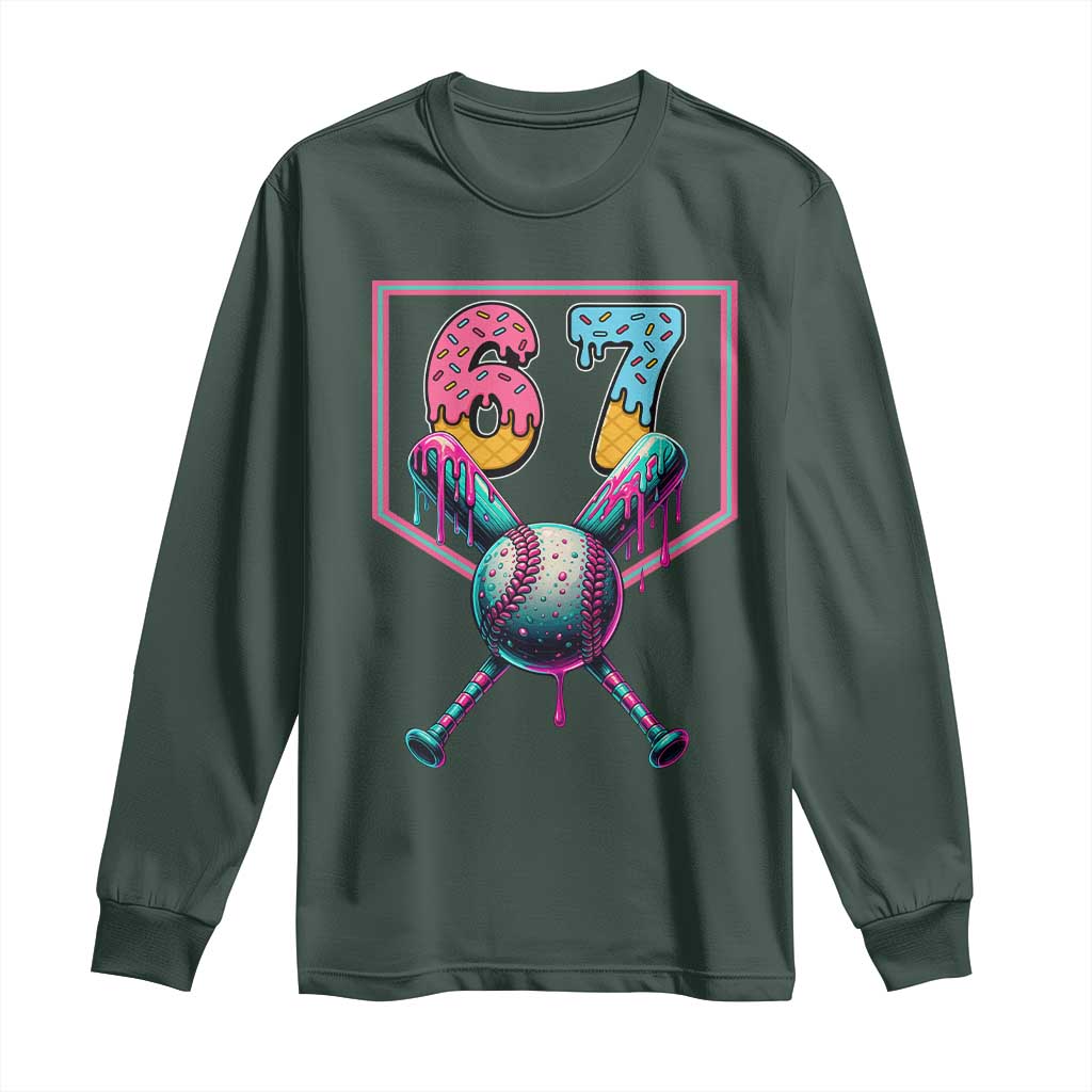 Funny Six Seven Baseball Drip Long Sleeve Shirt Number 67 Meme Drippy Bats TS02 Dark Forest Green Print Your Wear