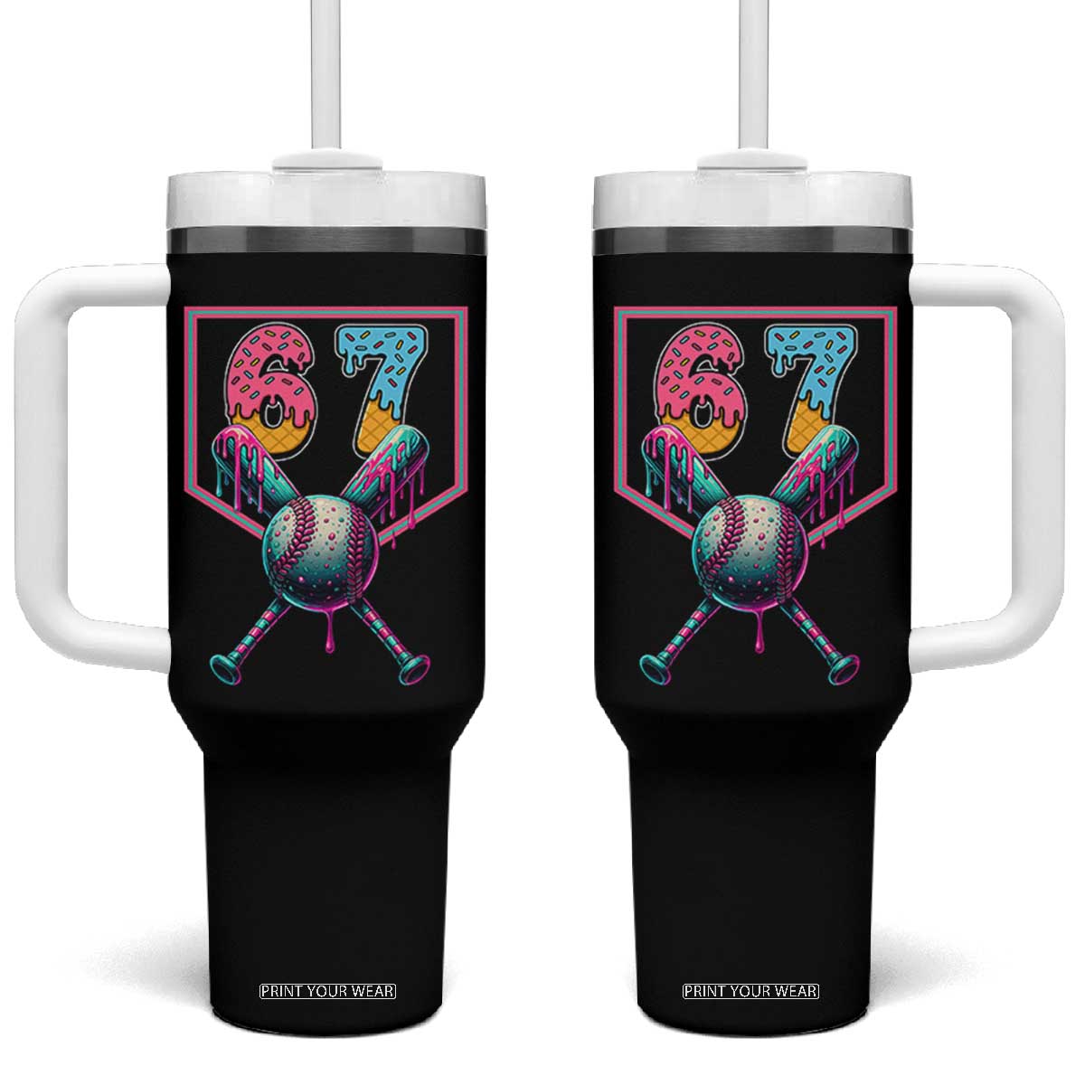 Funny Six Seven Baseball Drip Tumbler With Handle Number 67 Meme Drippy Bats TS02 One Size: 40 oz Black Print Your Wear