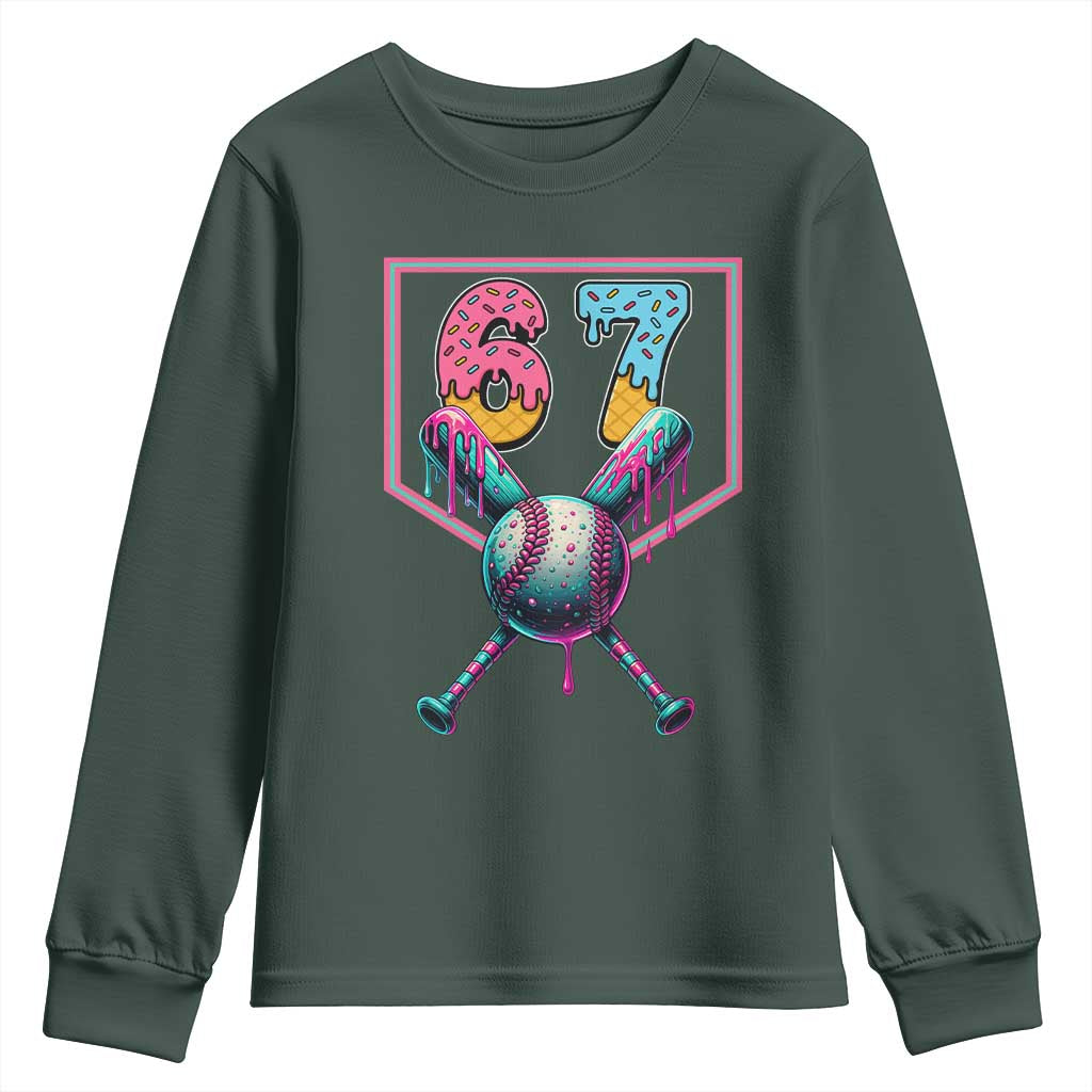 Funny Six Seven Baseball Drip Youth Sweatshirt Number 67 Meme Drippy Bats TS02 Dark Forest Green Print Your Wear