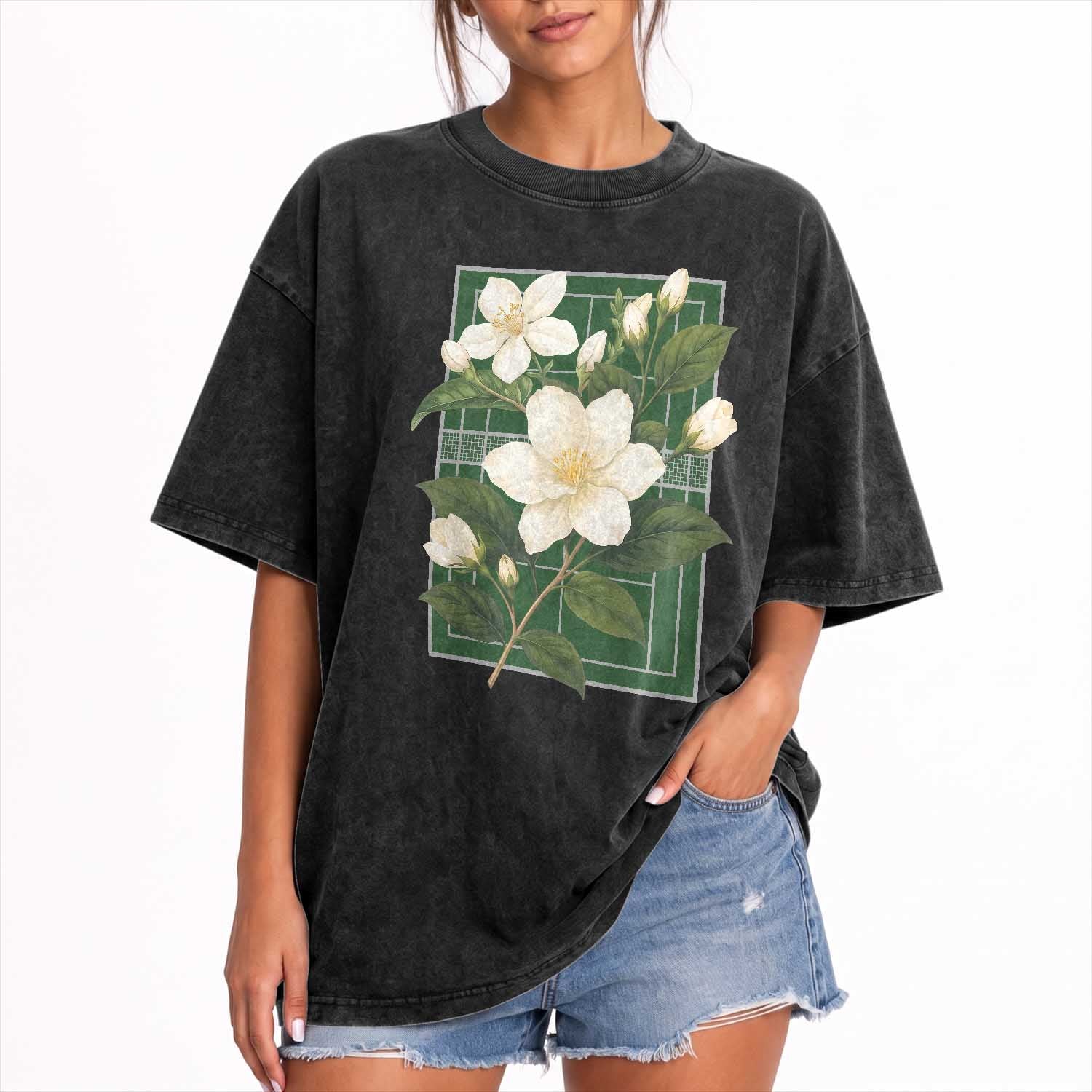 Vintage Floral Sampaguita Tennis Court Graphic Washed Cotton T-Shirt Jasmine Botanical Preppy Aesthetic