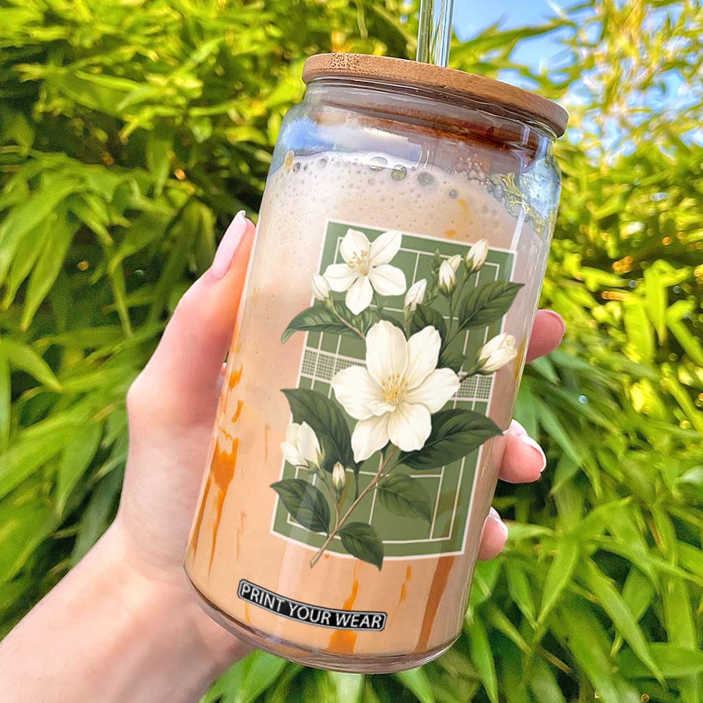 Vintage Floral Sampaguita Tennis Court Graphic Glass Can Jasmine Botanical Preppy Aesthetic
