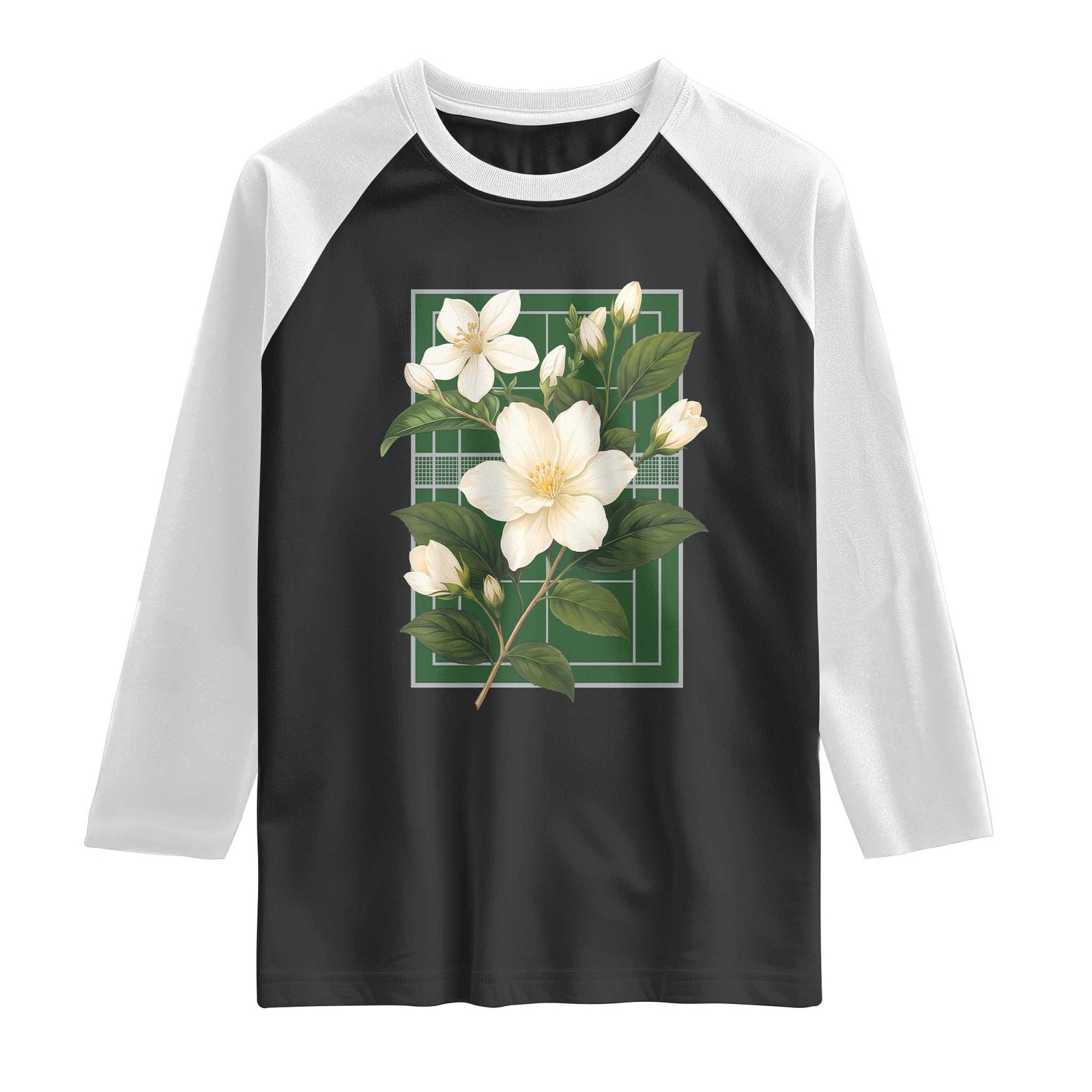 Vintage Floral Sampaguita Tennis Court Graphic Raglan Shirt Jasmine Botanical Preppy Aesthetic