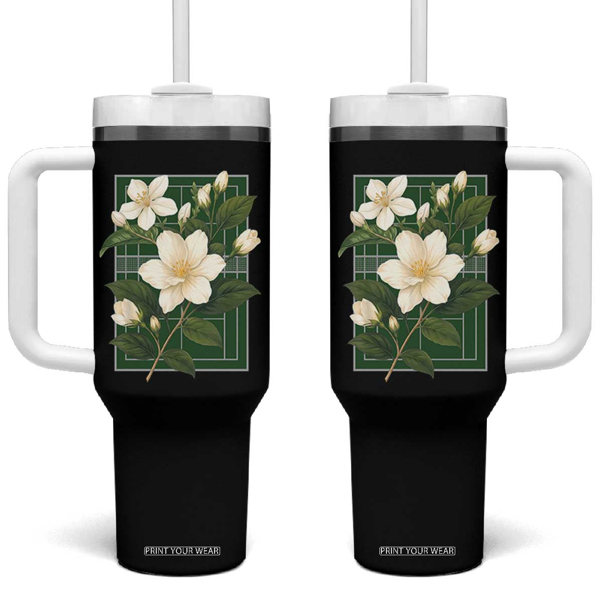 Vintage Floral Sampaguita Tennis Court Graphic Tumbler With Handle Jasmine Botanical Preppy Aesthetic