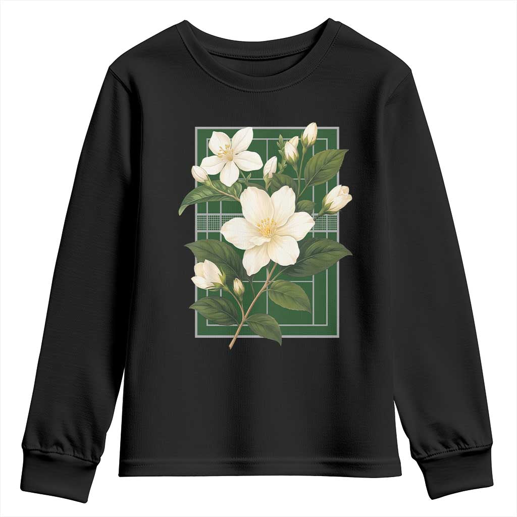 Vintage Floral Sampaguita Tennis Court Graphic Youth Sweatshirt Jasmine Botanical Preppy Aesthetic