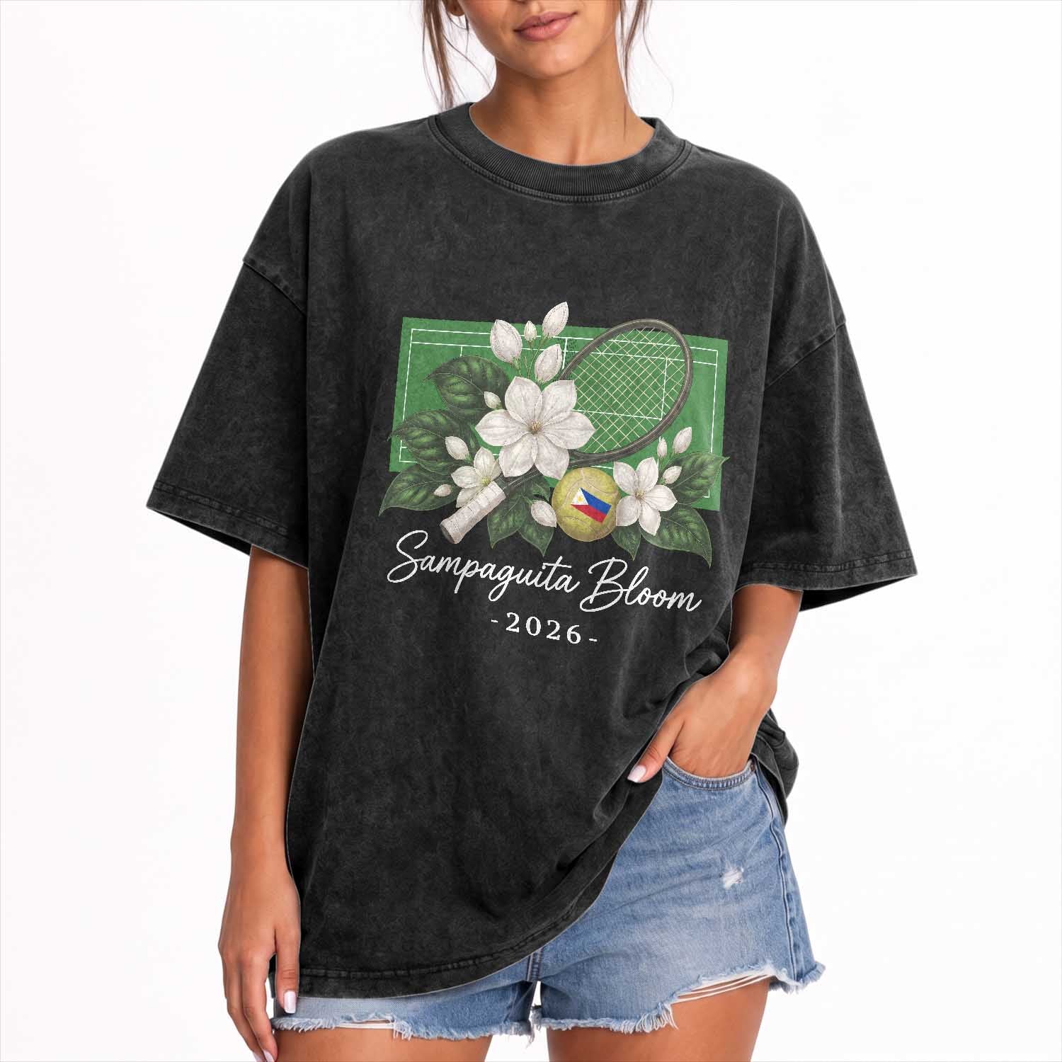 Sampaguita Bloom Tennis Court Graphic Washed Cotton T-Shirt Vintage Floral White Jasmine Philippine Flag Country Pride