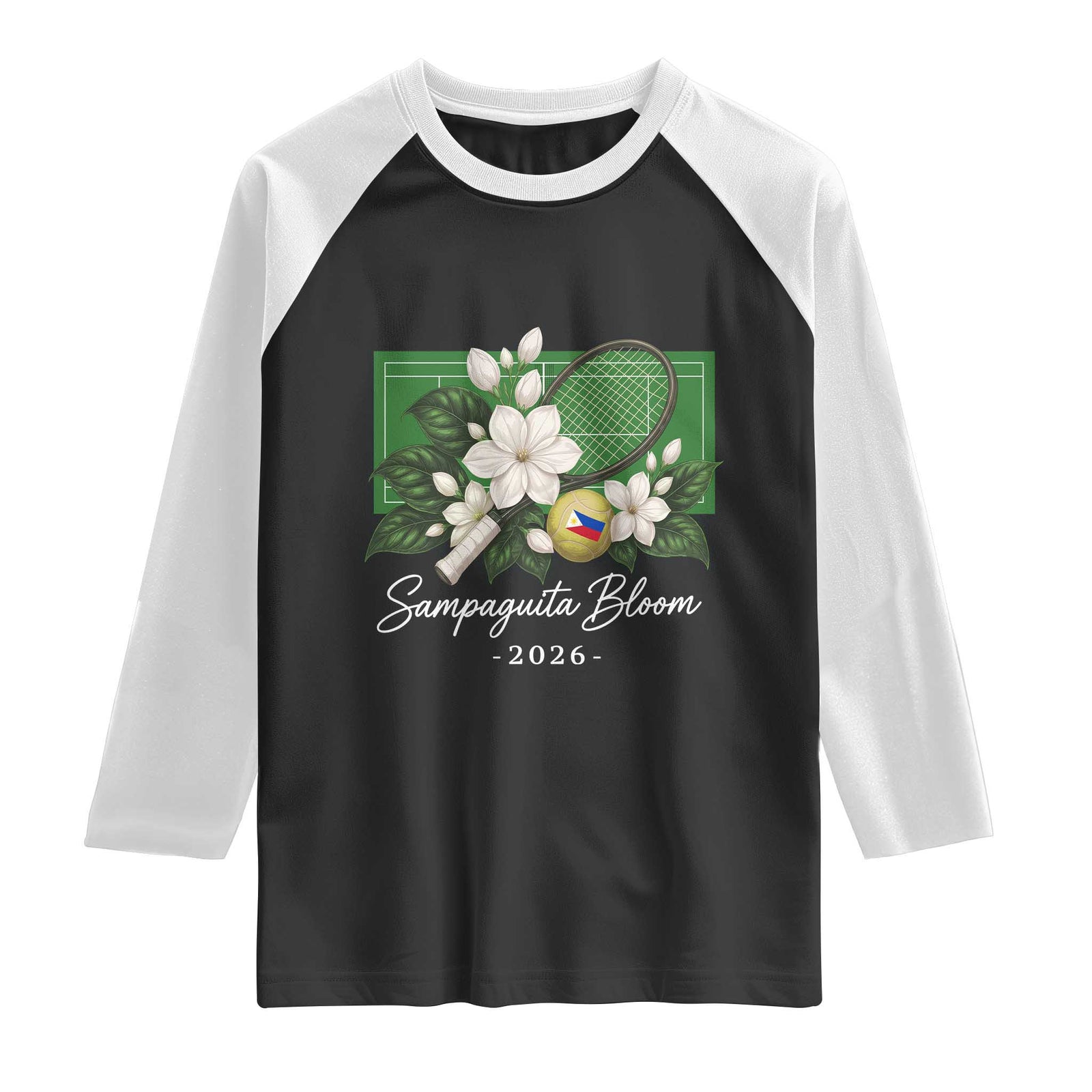 Sampaguita Bloom Tennis Court Graphic Raglan Shirt Vintage Floral White Jasmine Philippine Flag Country Pride
