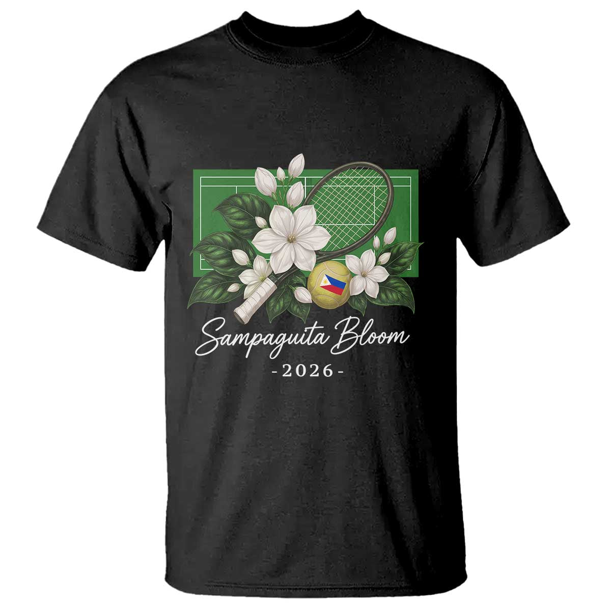 Sampaguita Bloom Tennis Court Graphic T Shirt Vintage Floral White Jasmine Philippine Flag Country Pride