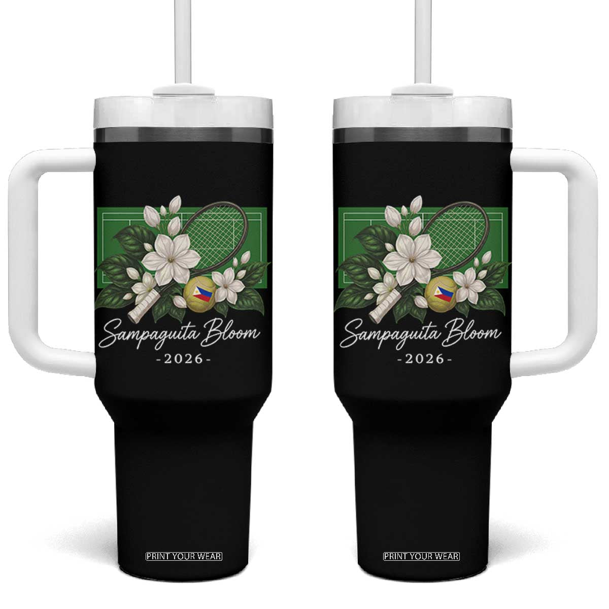 Sampaguita Bloom Tennis Court Graphic Tumbler With Handle Vintage Floral White Jasmine Philippine Flag Country Pride