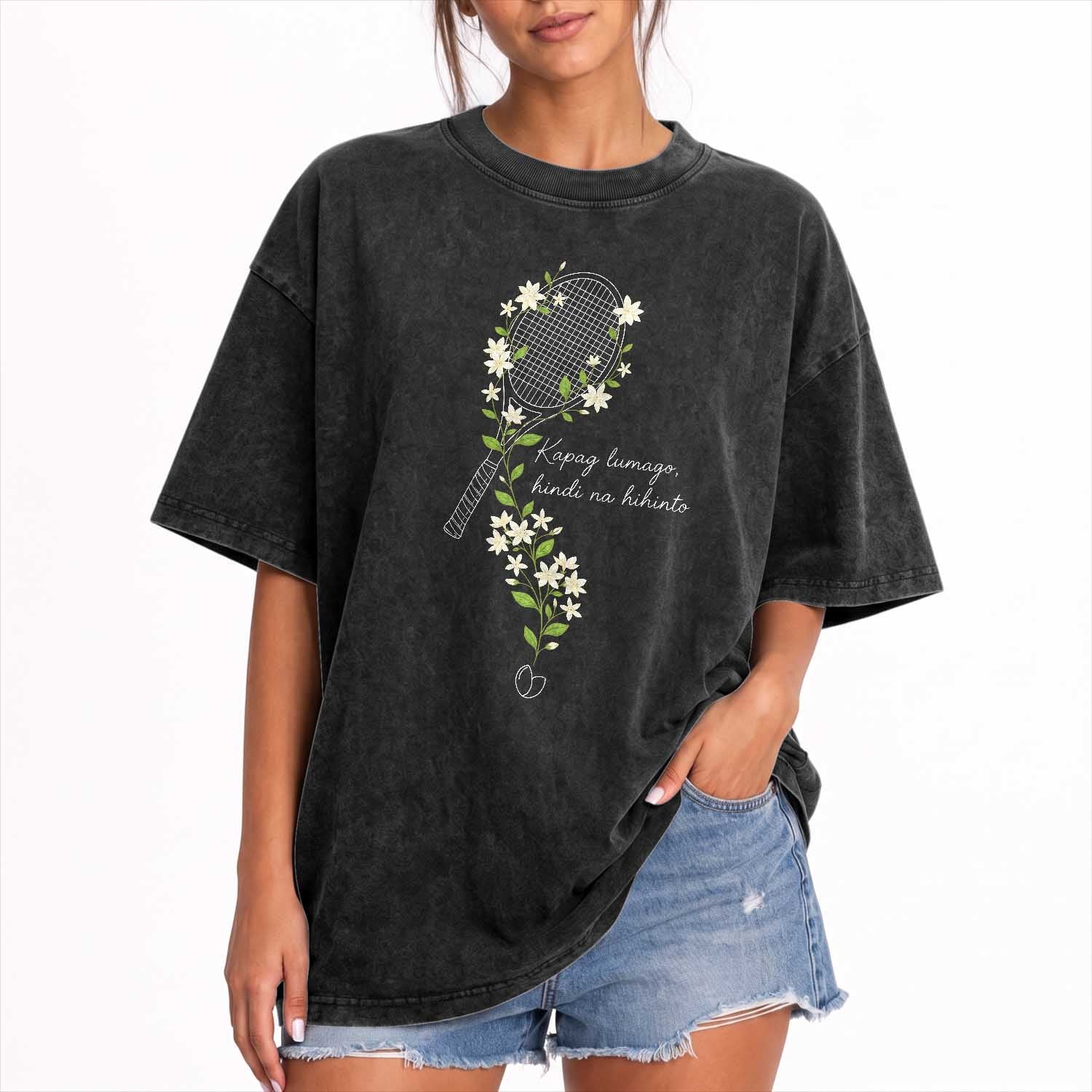 Sampaguita Floral Tennis Racket Graphic Washed Cotton T-Shirt Kapag Lumago Hindi Na Hihinto White Jasmine Tagalog Motivational