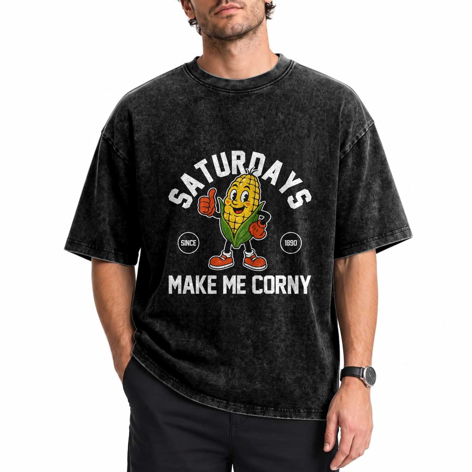 Saturdays Make Me Corny Funny Corn Washed Cotton T-Shirt Retro Mascot Vintage Sports Gameday Tailgate