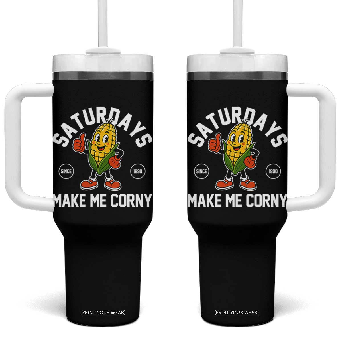 Saturdays Make Me Corny Funny Corn Tumbler With Handle Retro Mascot Vintage Sports Gameday Tailgate