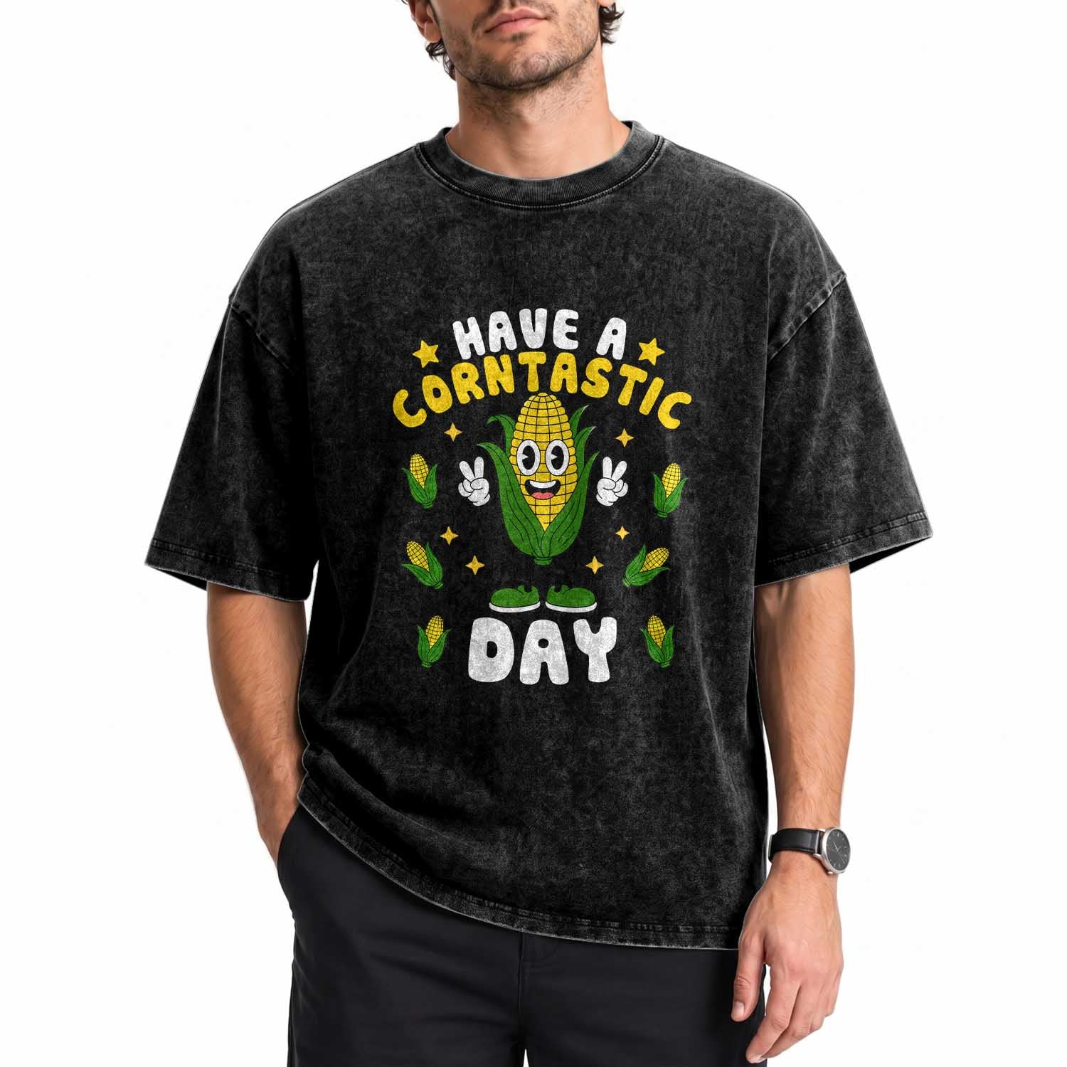 Have A Corntastic Day Retro Funny Corn Pun Washed Cotton T-Shirt Vintage Mascot Positive Vibes