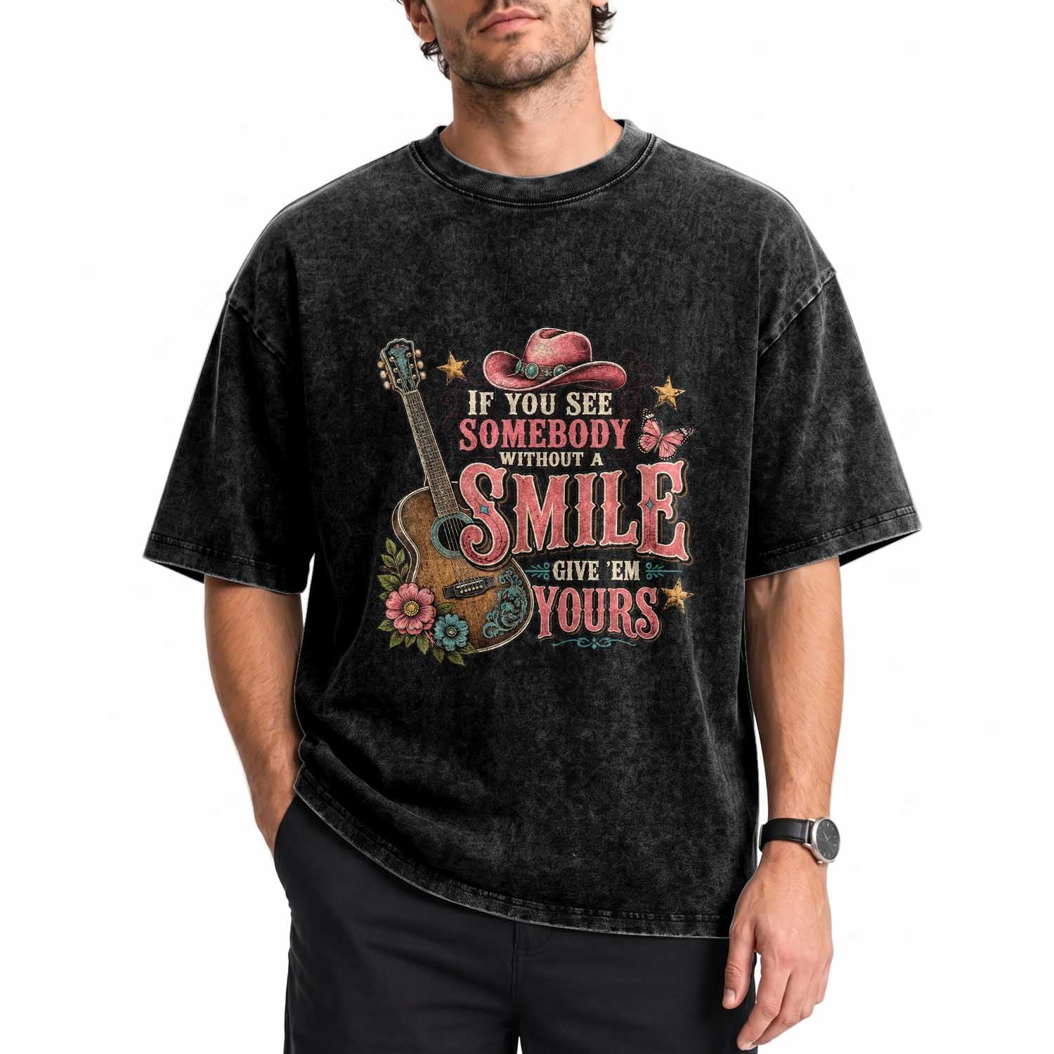 If You See Somebody Without A Smile Give Em Yours Washed Cotton T-Shirt Inspirational Quote Country Music Western Guitar Graphic