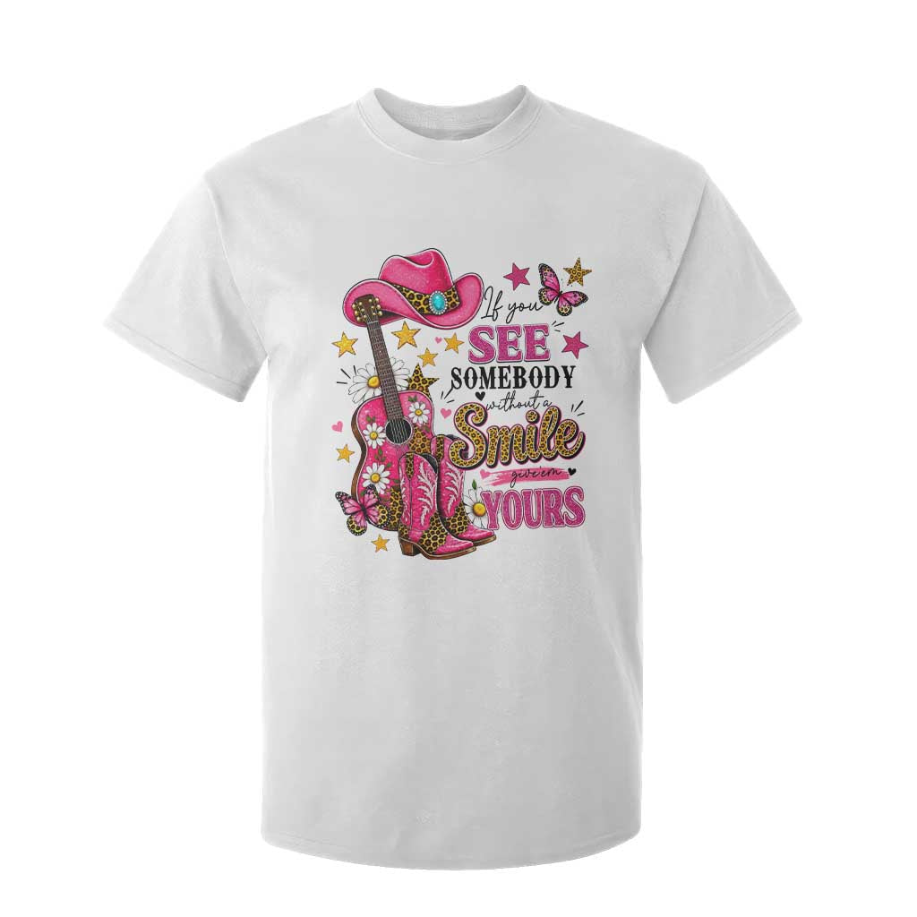 If You See Somebody Without A Smile Give Em Yours T Shirt For Kid Inspirational Quote Leopard Pink Cowgirl Boots Graphic