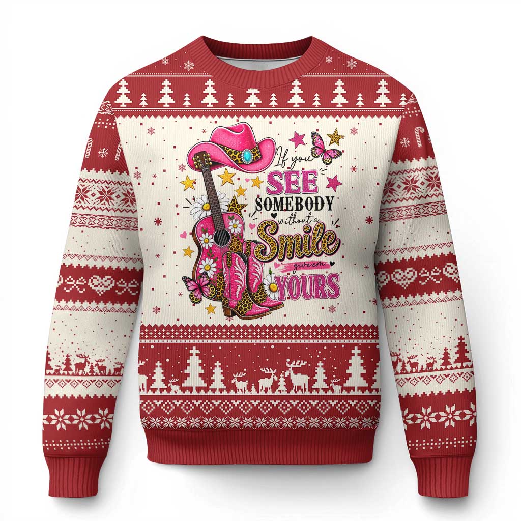 If You See Somebody Without A Smile Give Em Yours Ugly Christmas Sweater Inspirational Quote Leopard Pink Cowgirl Boots Graphic