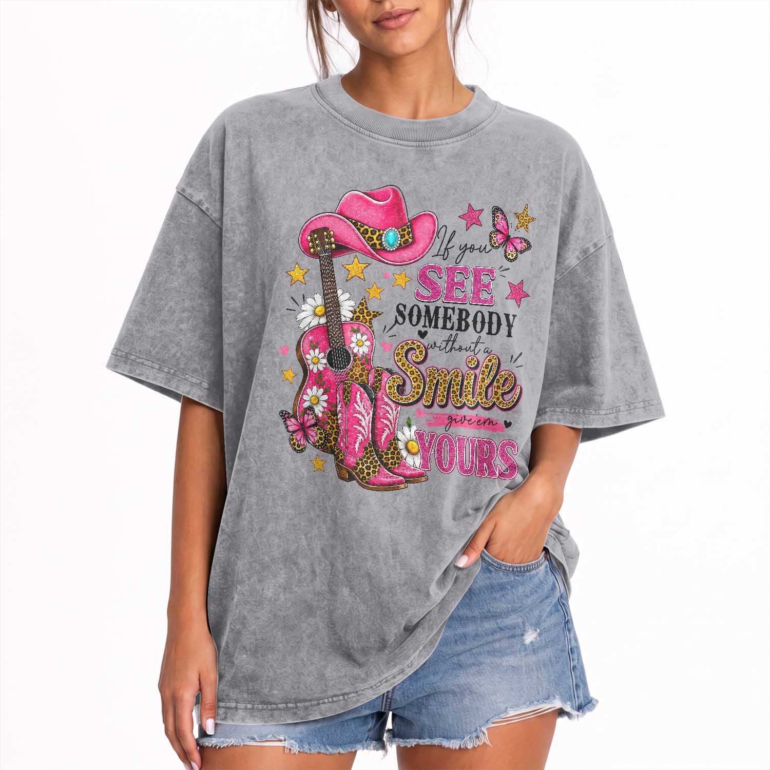 If You See Somebody Without A Smile Give Em Yours Washed Cotton T-Shirt Inspirational Quote Leopard Pink Cowgirl Boots Graphic