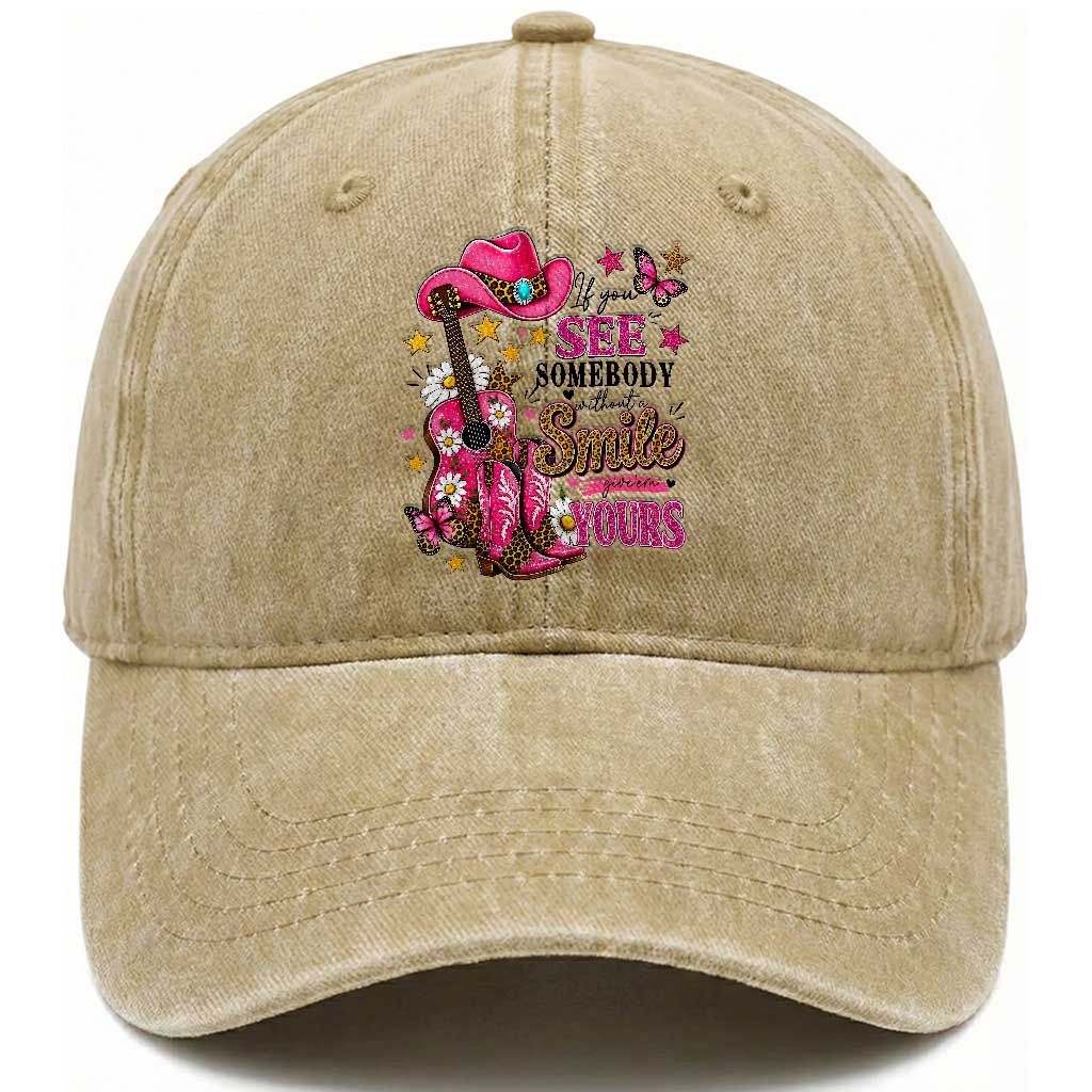 If You See Somebody Without A Smile Give Em Yours Washed Cotton Baseball Cap Inspirational Quote Leopard Pink Cowgirl Boots Graphic