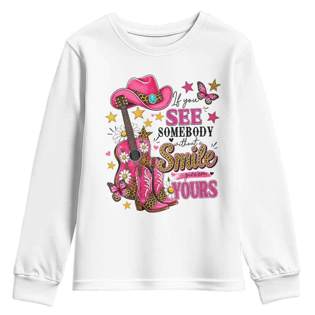 If You See Somebody Without A Smile Give Em Yours Youth Sweatshirt Inspirational Quote Leopard Pink Cowgirl Boots Graphic