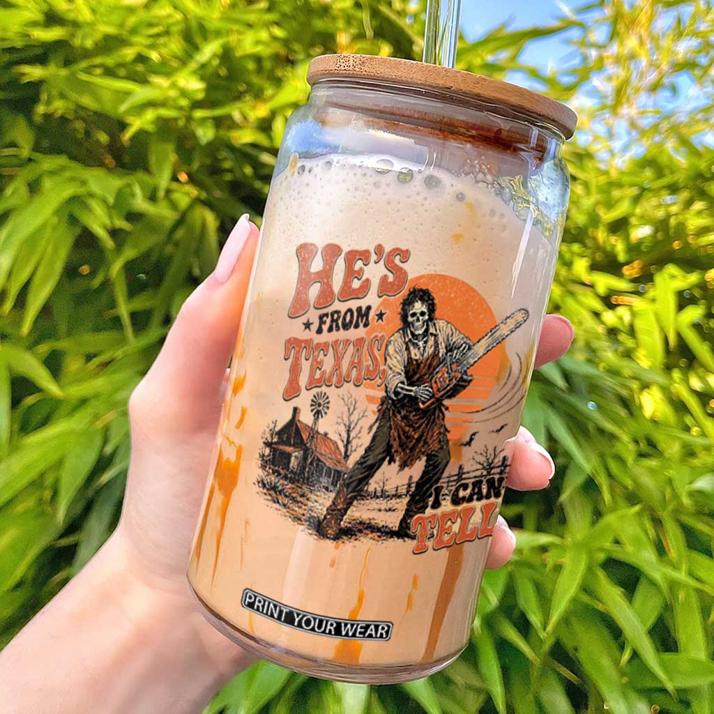 Skeleton Wielding A Chainsaw Vintage Horror Graphic Glass Can Hes From Texas I Can Tell Halloween Cowboy