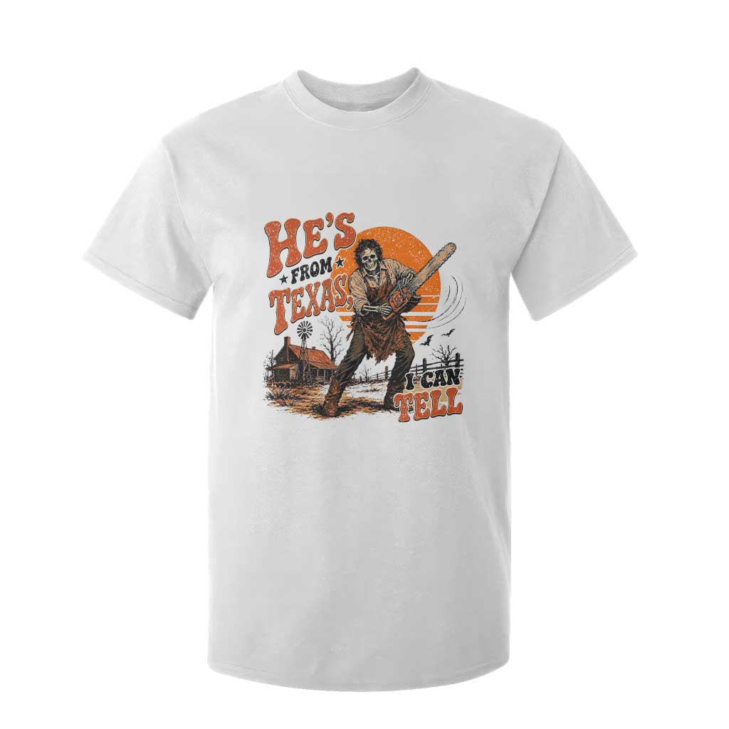 Skeleton Wielding A Chainsaw Vintage Horror Graphic T Shirt For Kid Hes From Texas I Can Tell Halloween Cowboy