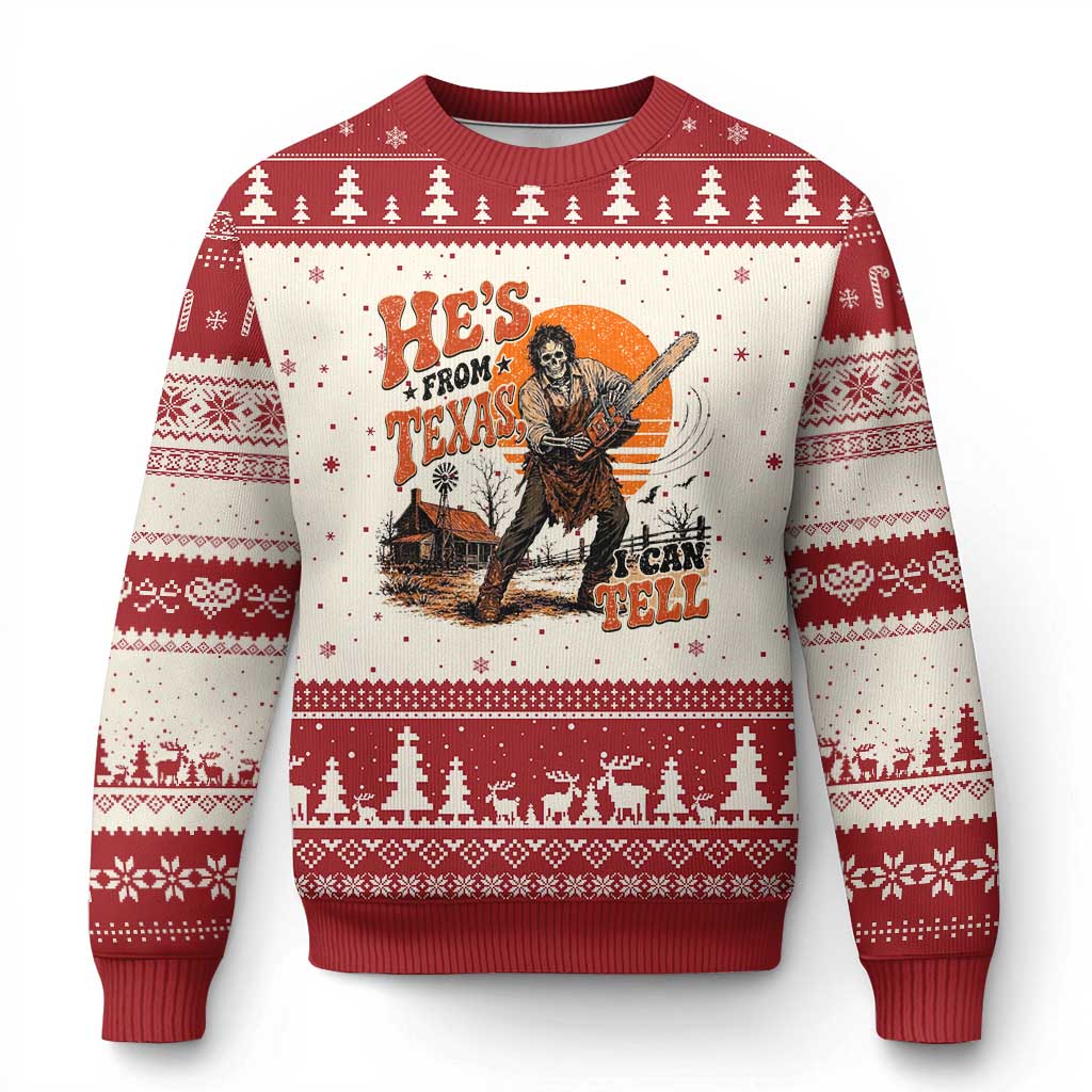 Skeleton Wielding A Chainsaw Vintage Horror Graphic Ugly Christmas Sweater Hes From Texas I Can Tell Halloween Cowboy
