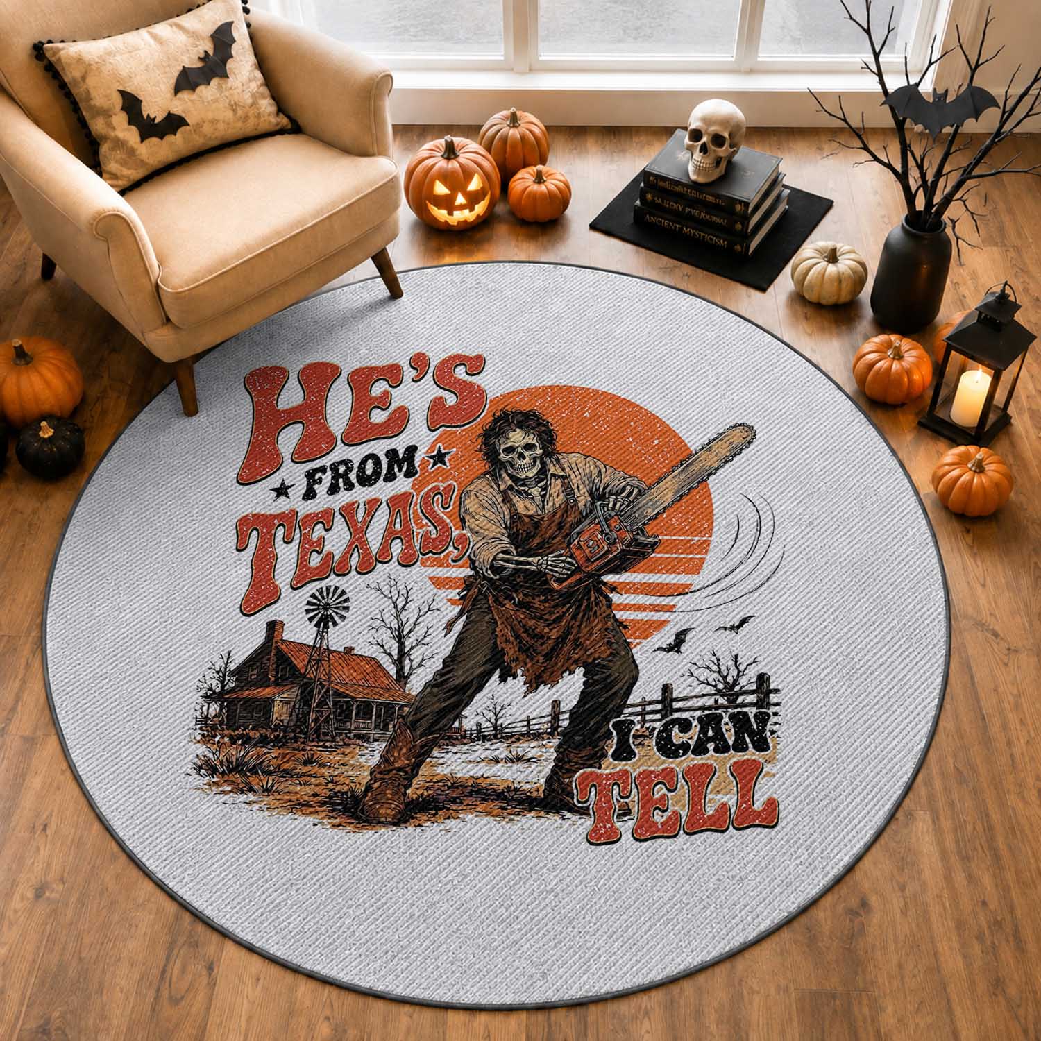 Skeleton Wielding A Chainsaw Vintage Horror Graphic Round Rug Hes From Texas I Can Tell Halloween Cowboy