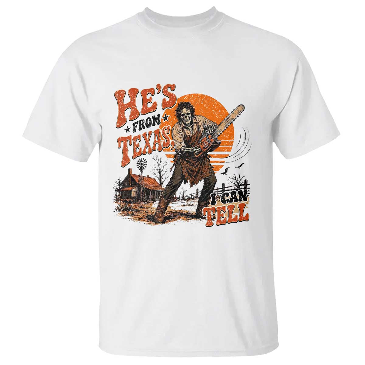 Skeleton Wielding A Chainsaw Vintage Horror Graphic T Shirt Hes From Texas I Can Tell Halloween Cowboy