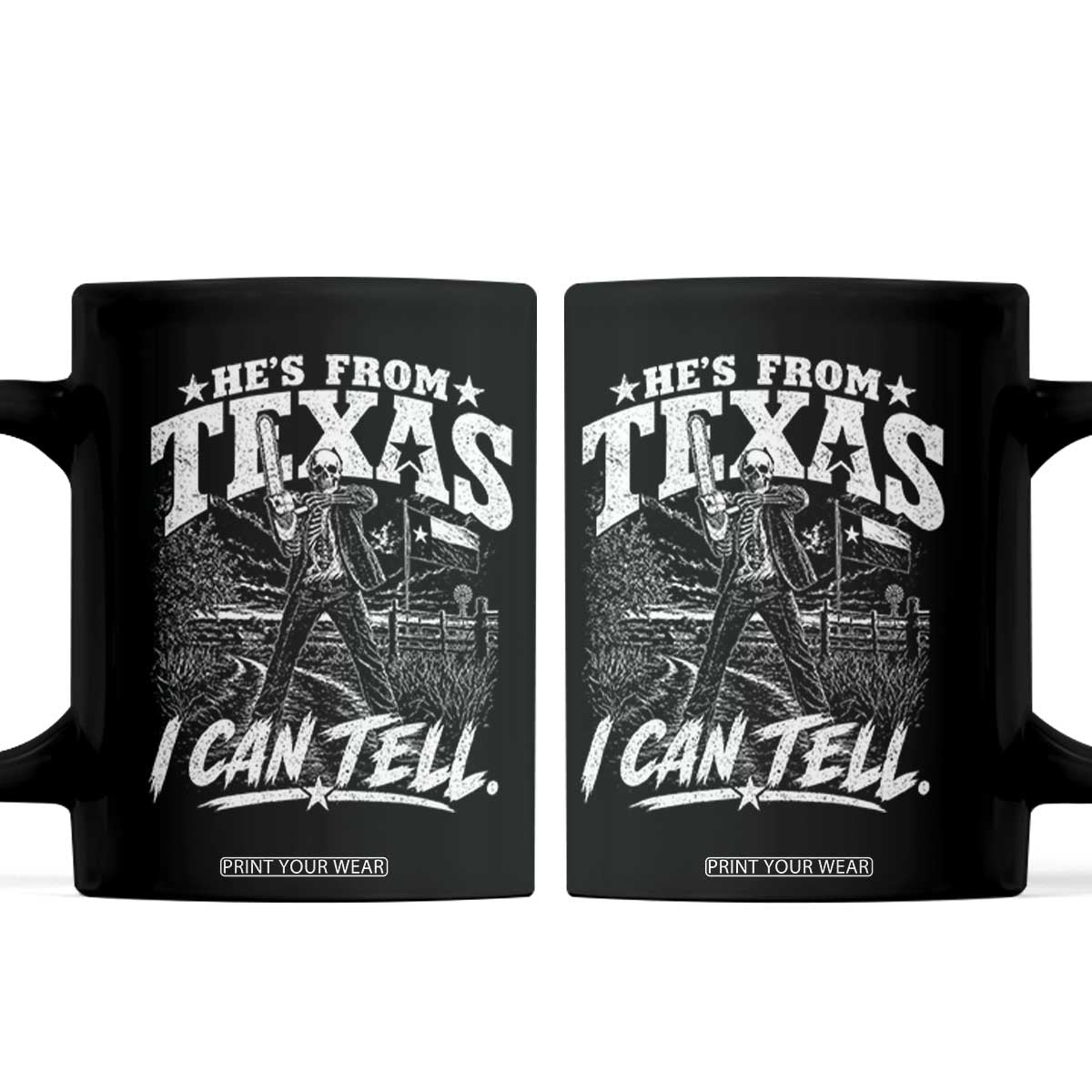 Hes From Texas I Can Tell Skeleton Horror Graphic Coffee Mug Wielding A Chainsaw Lone Star Flag