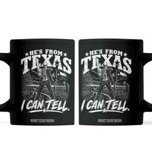 Hes From Texas I Can Tell Skeleton Horror Graphic Coffee Mug Wielding A Chainsaw Lone Star Flag