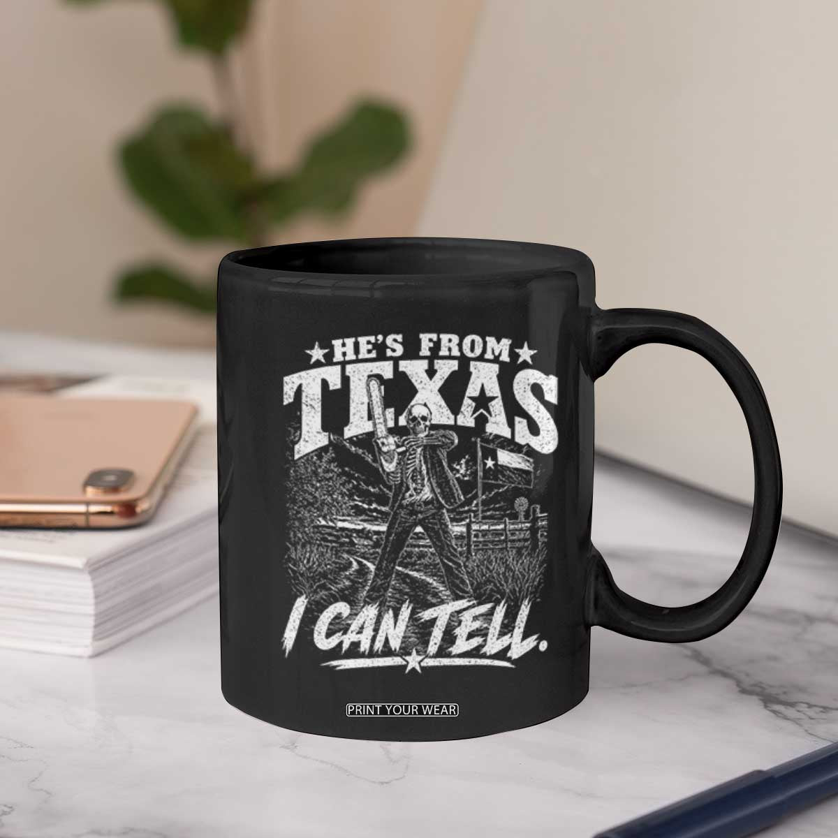 Hes From Texas I Can Tell Skeleton Horror Graphic Coffee Mug Wielding A Chainsaw Lone Star Flag