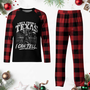 Hes From Texas I Can Tell Skeleton Horror Graphic Plaid Pajama Set Wielding A Chainsaw Lone Star Flag