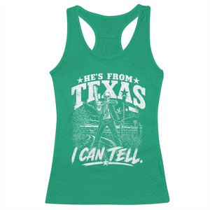 Hes From Texas I Can Tell Skeleton Horror Graphic Racerback Tank Top Wielding A Chainsaw Lone Star Flag