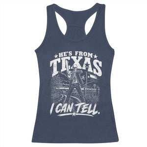 Hes From Texas I Can Tell Skeleton Horror Graphic Racerback Tank Top Wielding A Chainsaw Lone Star Flag