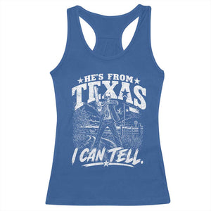 Hes From Texas I Can Tell Skeleton Horror Graphic Racerback Tank Top Wielding A Chainsaw Lone Star Flag