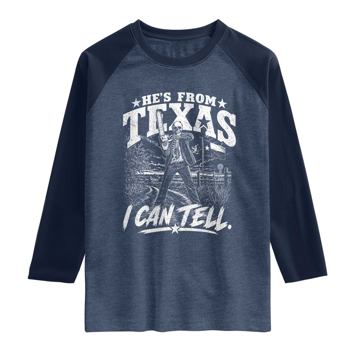 Hes From Texas I Can Tell Skeleton Horror Graphic Raglan Shirt Wielding A Chainsaw Lone Star Flag