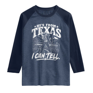 Hes From Texas I Can Tell Skeleton Horror Graphic Raglan Shirt Wielding A Chainsaw Lone Star Flag