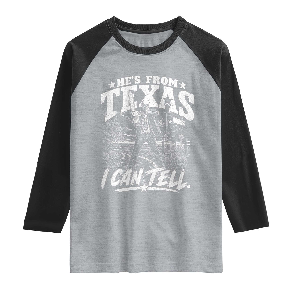 Hes From Texas I Can Tell Skeleton Horror Graphic Raglan Shirt Wielding A Chainsaw Lone Star Flag