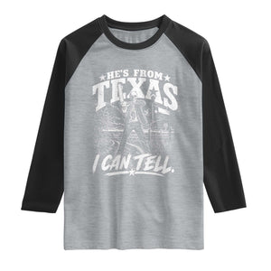 Hes From Texas I Can Tell Skeleton Horror Graphic Raglan Shirt Wielding A Chainsaw Lone Star Flag