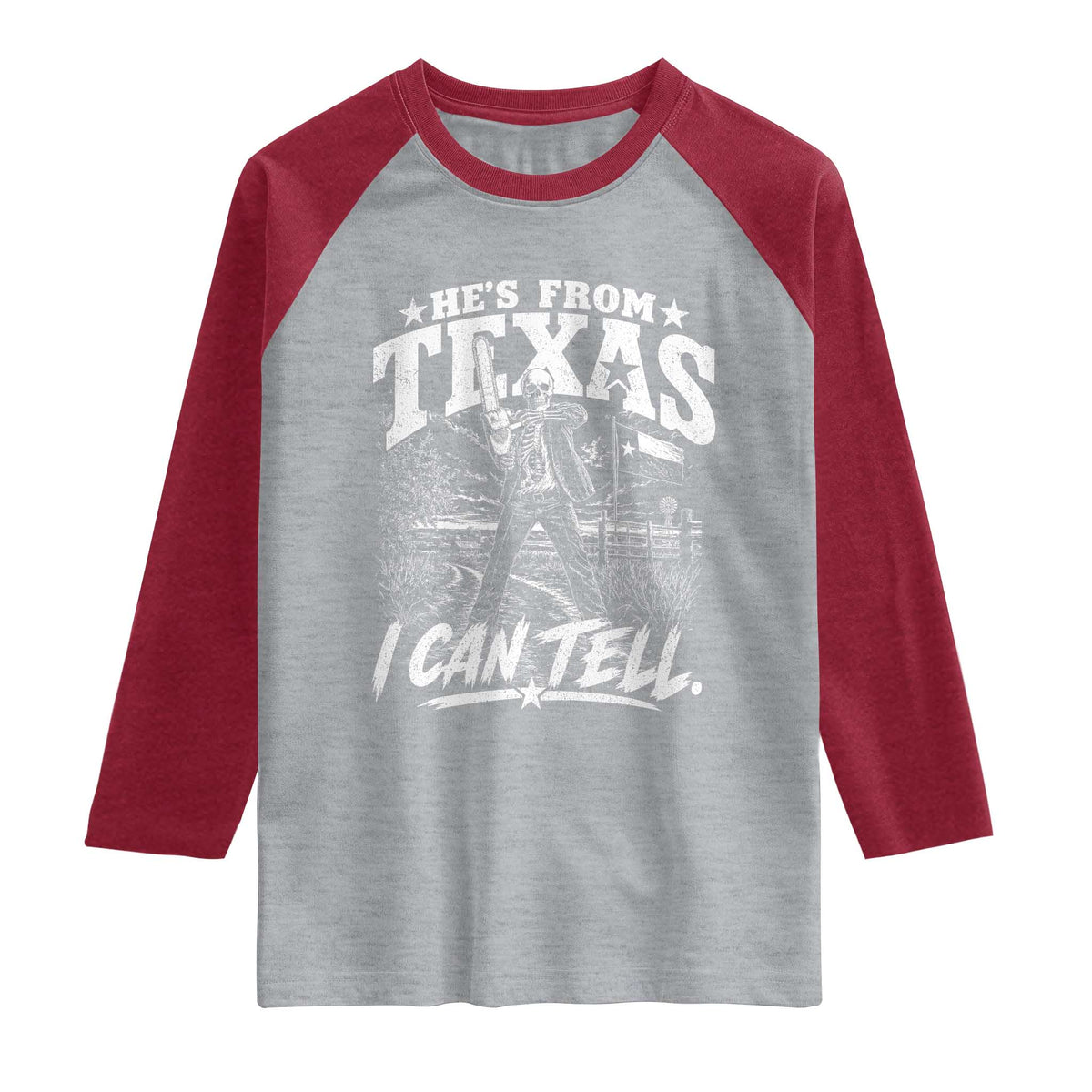 Hes From Texas I Can Tell Skeleton Horror Graphic Raglan Shirt Wielding A Chainsaw Lone Star Flag