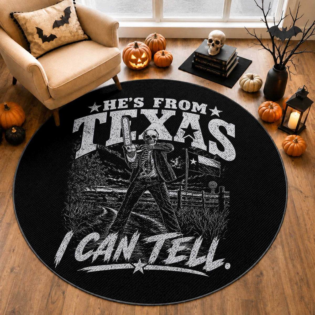 Hes From Texas I Can Tell Skeleton Horror Graphic Round Rug Wielding A Chainsaw Lone Star Flag