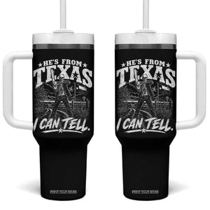 Hes From Texas I Can Tell Skeleton Horror Graphic Tumbler With Handle Wielding A Chainsaw Lone Star Flag