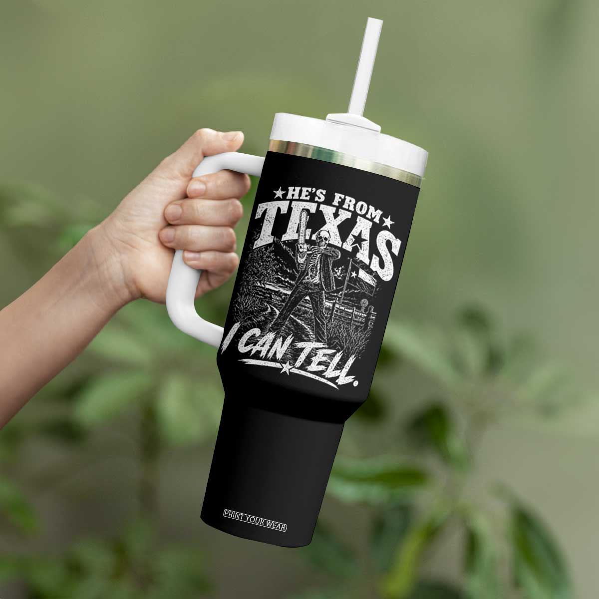 Hes From Texas I Can Tell Skeleton Horror Graphic Tumbler With Handle Wielding A Chainsaw Lone Star Flag