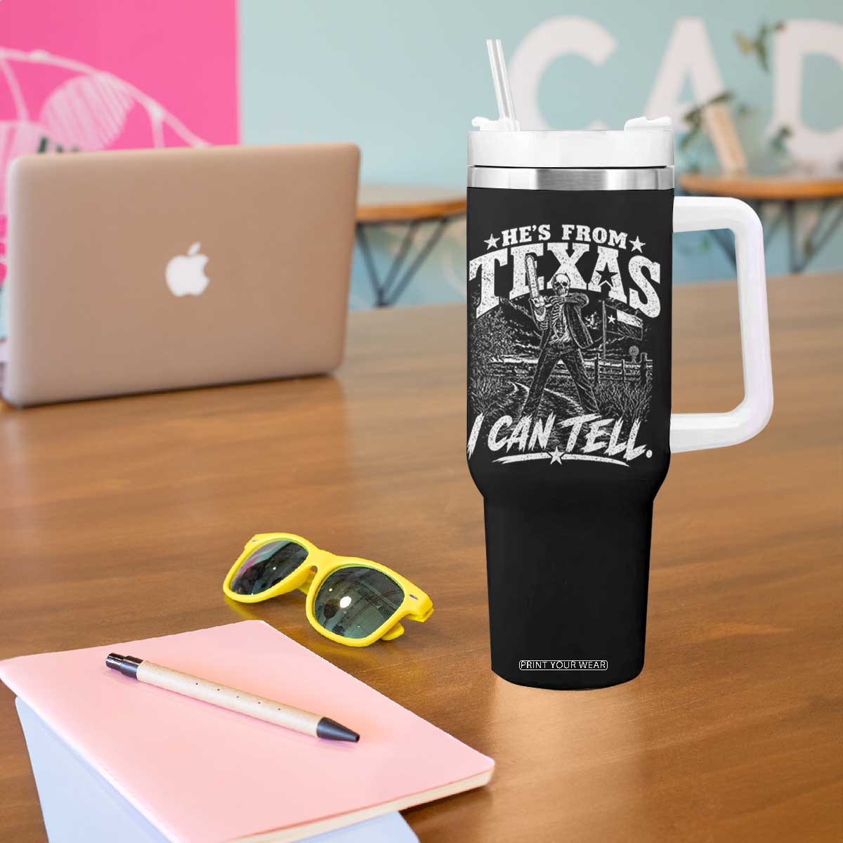 Hes From Texas I Can Tell Skeleton Horror Graphic Tumbler With Handle Wielding A Chainsaw Lone Star Flag