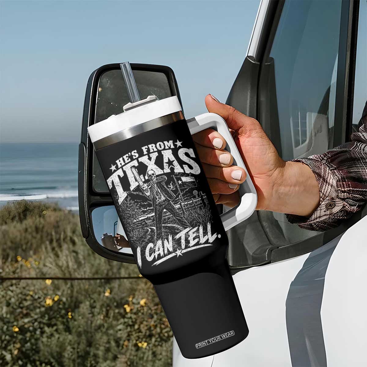 Hes From Texas I Can Tell Skeleton Horror Graphic Tumbler With Handle Wielding A Chainsaw Lone Star Flag