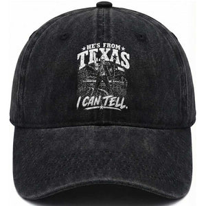 Hes From Texas I Can Tell Skeleton Horror Graphic Washed Cotton Baseball Cap Wielding A Chainsaw Lone Star Flag