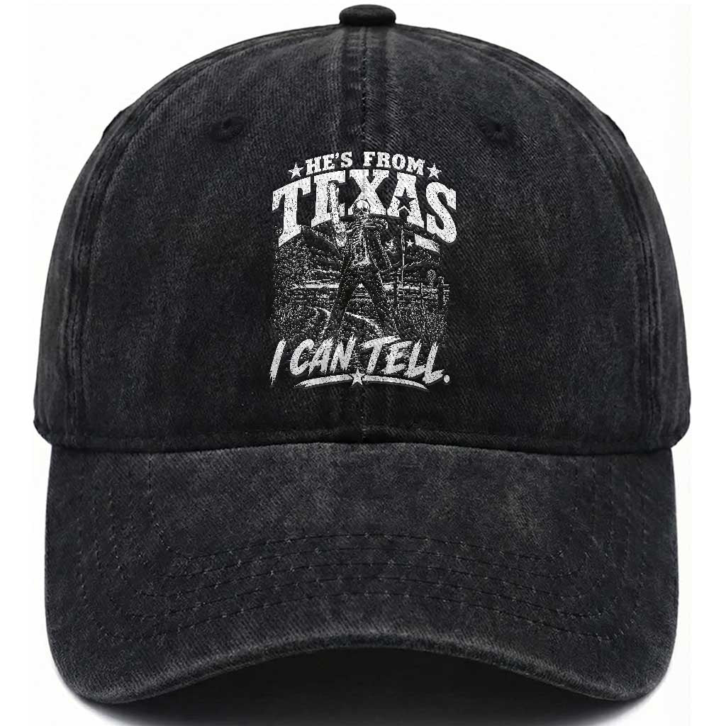 Hes From Texas I Can Tell Skeleton Horror Graphic Washed Cotton Baseball Cap Wielding A Chainsaw Lone Star Flag