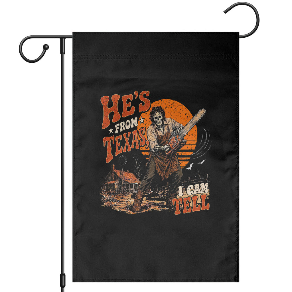 Skeleton Wielding A Chainsaw Vintage Horror Garden Flag Hes From Texas I Can Tell Halloween Cowboy PrintYourWear